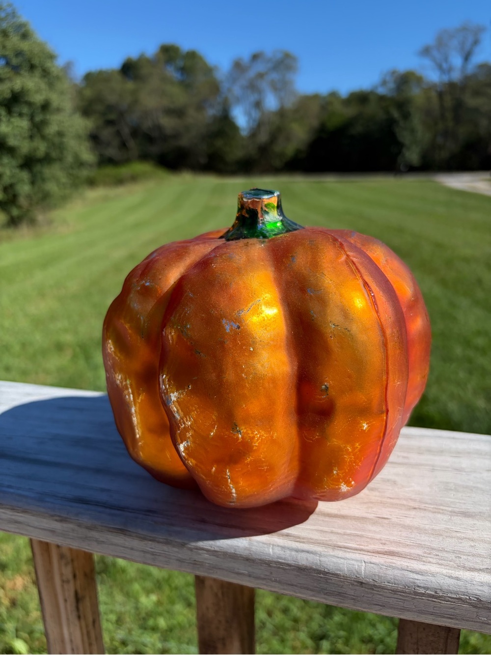 Vintage Halloween Pumpkin Painted Orange Mercury Glass Style Green Stem Crackle